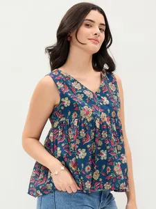 Blusa de Algodón con Estampado Azul y Cuello en V para Mujer, Ideal para Citas Nocturnas y Cenas, a Precio Accesible - Product Image 4