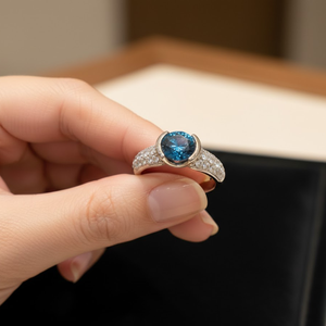 Anillo de Diamante Solitario Azul Redondo Real de 1.00 TCW con Piedras Blancas en Relieve |   Joyería Fina Elegante para Bodas y Compromisos para Mujer - Product Image 1