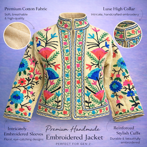 Veste bomber en coton fleuri de qualité boutique, poche latérale, manches longues, veste ethnique pour femmes faite à la main - Product Image 3