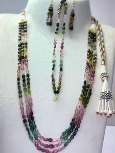 Natural Multi Tourmaline Faceted Oval Cut Beaded Necklace <b>Earrings</b> Pair Unique Double Layer Adjustable 24K Gold Plated Women's - Product Image 5