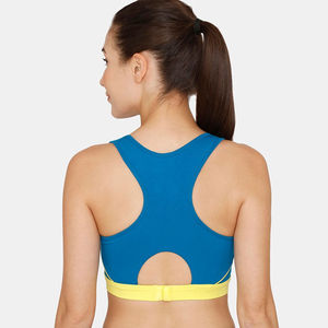 Women's <b>Blue</b> Yellow Contrast Stitch Racerback Sports <b>Bra</b> Scoop Neck Medium Support Breathable Fitness Wear Custom Logo <b>Bra</b> - Product Image 2