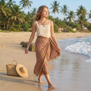 Paréo de plage Bagru en coton imprimé à la main avec bordure en soie, écologique, léger, style bohème, jupe de bain d'été pour femme - Product Image 1