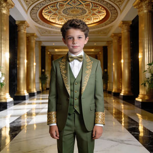 Traje de esmoquin verde oliva para niños con bordado dorado, conjunto de ropa formal para bodas y fiestas infantiles - Product Image 1