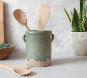 Dual Handle Ceramic <b>Utensil</b> <b>Holder</b> Gradient Glaze Finish Thick Wall Stability Heat Resistant Modern <b>Kitchen</b> Counter Organizer - Product Image 3
