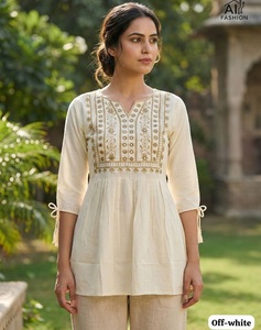 <b>Indian</b> Casual Wear Embroidered V Neck Tunic Three Quarter Sleeve Heavy Rayon Casual and Daily Wear <b>Top</b> Women Summer Wear - Product Image 1