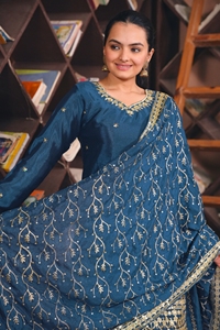 All Over <b>Sequin</b> Embroidered Chinon Silk Kurti <b>Flared</b> Palazzo Matching Dupatta Women Three Piece Traditional Salwar Suit - Product Image 4