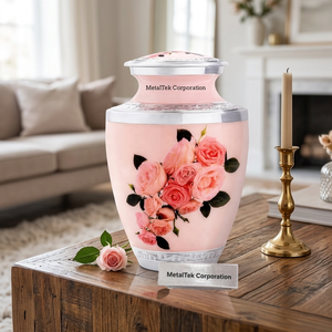 <b>Large</b> Adult Floral Cremation <b>Urns</b> Handcrafted Pink Rose Aluminum Funeral Memorial Decorative Metal Ashes Jars for Human Remains - Product Image 1