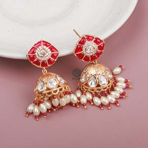 Pearl Earrings Anvi Ruby Polki Designer Jhumkas - Product Image 1