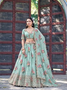 Mint <b>Green</b> <b>Silk</b> Indian Pakistani Set Lehenga Choli Dupatta V Neck Floor-Length Festive Wedding Outfit - Product Image 1