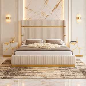 Modern Upholstered Platform <b>Bed</b> <b>with</b> Fluted Headboard Gold Accent Designer Bedroom Furniture Set Ivory Cream King <b>Queen</b> <b>Bed</b> - Product Image 1