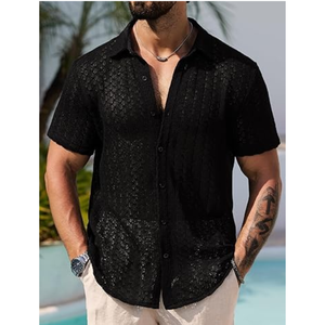 Camisa de punto calado para hombre, informal, de verano, con textura de ganchillo y botones - Product Image 2