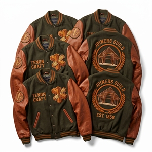 Chaqueta Bomber Varsity Bulk Maker con Mangas de Cuero y Parche Trasero de Lana con Diseño de Molino de Viento, Bordado Millstone Guild, Estilo Béisbol Universitario - Product Image 4
