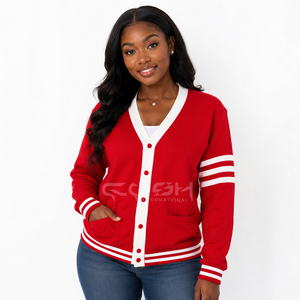 Cosh International Women <b>Red</b> Knitted <b>Cardigan</b> V-Neck Long Sleeve Preppy Style Contrast Color Button Front Solid Pattern - Product Image 1