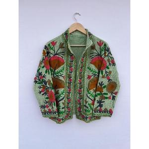 Premium Quality Traditional Handmade Vintage Embroidered Floral Cotton <b>Jacket</b> Green Suzani Style Gift for Her - Product Image 1