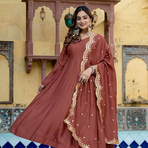 Conjunto de traje Anarkali marrón de lujo, listo para usar, con borde festoneado, Gota Patti, Dupatta, Salwar, Anarkali, Kurta, conjunto de pantalón con vestido largo - Product Image 1