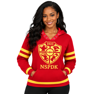 Sudadera con capucha de la hermandad PDK para mujer, roja y dorada, con corona de laurel, cuello con ojales, letras griegas, mangas a rayas estilo universitario, forro polar. - Product Image 1