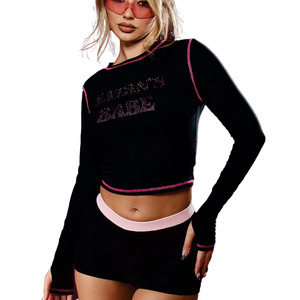 Luxury Style Women Pink Rhinestone Graphic Crop Top Custom Y2K Slim Fit Long Sleeve Streetwear shirt Women's Shirts Supplier USA - Product Image 4