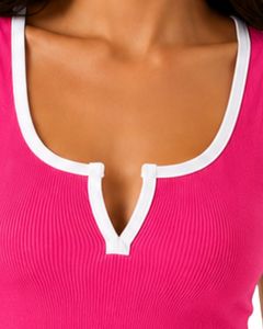 Pink Women Ribbed Crop Tank Top White Trim Sleeveless V Neck Slim Fit Casual Summer Stretch Cotton Vest Fashion Ladies Tops - Product Image 5