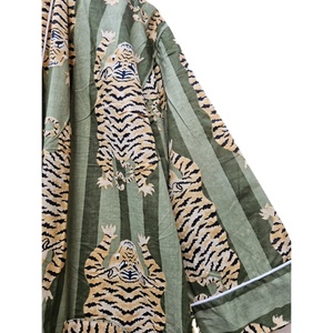 Kimono de algodón con estampado de bloques de tigre verde para mujer, ropa de verano con bolsillos de parche térmico transpirables duraderos, rayas verticales - Product Image 4