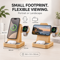 Station de charge magnétique 3-en-1 en bambou pour iPhone, Apple Watch et AirPods - Organisateur de bureau moderne et écologique avec câble dissimulé pour chevet