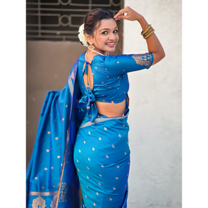 ผ้าไหมเนื้อนุ่มสีน้ำเงินลายทอแบบดั้งเดิม ซารีสำหรับงานกลางคืน น้ำหนัก 600 กรัม - Product Image 3