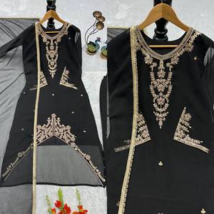Salwar Kameez noir brodé avec travail de miroir, longueur au sol, tenue traditionnelle indienne pakistanaise pour mariage, en polyester - Product Image 5