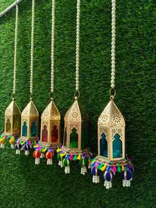 <b>Moroccan</b> Hanging Lantern Metal Candle Holder Pearl Beaded Chain Tassel <b>Decor</b> for Home Wedding Party Indoor Outdoor - Product Image 3