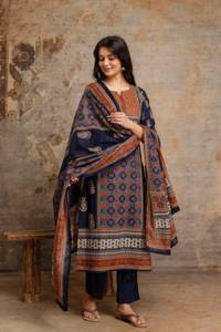 Elegant <b>Navy</b> Blue Cotton Straight Kurta <b>Suit</b> Set for <b>Women</b> with Coordinated <b>Trousers</b> and Traditional Printed Dupatta - Product Image 1