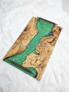 Plateau de service de rivière en résine de bois époxy artisanal avec ensemble de 4 sous-verres plateau d'art en résine aigue-marine - Product Image 3