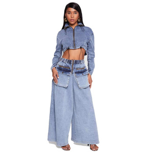 Wholesale Custom <b>Denim</b> <b>Cropped</b> Waterproof <b>Jacket</b> Zipper Closure Full Sleeve Turn-down Collar Utility Style Winter Autumn Women's - Product Image 4