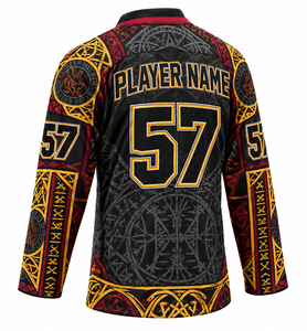 Maillot de hockey sur glace personnalisé sublimé, motif Viking noir, rouge et or, col en V, manches longues, uniforme d'équipe en mesh - Product Image 4
