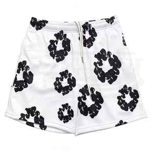 Shorts imprimés pour hommes, blanc et noir, motif en maille, taille à cordon de serrage, vêtements de sport décontractés - Product Image 1