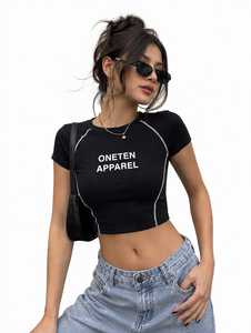 ONETEN APPAREL Women's <b>Black</b> <b>Crop</b> <b>Top</b> <b>Short</b> <b>Sleeve</b> Crew Neck Slim Fit Casual Jersey T-Shirt Spring Summer Wear - Product Image 1