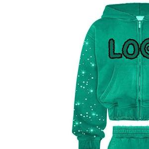Ensemble de survêtement à capuche vert à paillettes pour filles, manches longues, fermeture éclair, coupe décontractée, sweat-shirt et pantalon en coton pour l'automne - Product Image 2