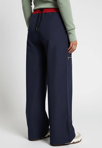 Pantalon large bleu marine pour femme, taille haute, cordon de serrage, coupe décontractée, longueur complète, avec poches et logo sur la jambe droite - Product Image 2