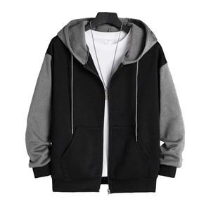 Sweat-shirt à capuche zippé pour homme, color block noir et marron, coupe classique, décontracté, en molleton bouclette respirant en coton tricoté, idéal pour l'automne - Product Image 3