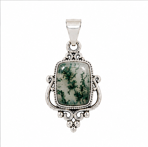 Moss Agate Silver Pendant, Green Moss Agate Gemstone <b>Necklace</b>, Nature Inspired Boho Jewelry, Vintage Pendant, Gift for Her - Product Image 1