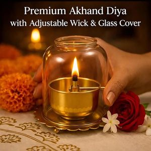 Lampe à huile Akhand Diya de qualité supérieure avec mèche réglable et couvercle en verre pour les activités religieuses, porte-bougie en métal laiton - Product Image 5