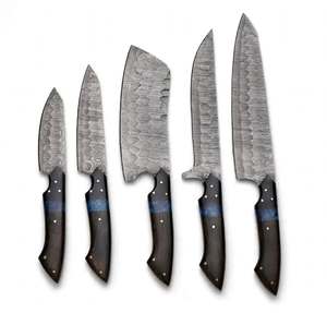 Ensemble de couteaux de cuisine en acier à motifs faits à la main, 5 pièces, manche en bois d'ébène et résine bleue, ensemble de couverts professionnels pour la cuisine - Product Image 4