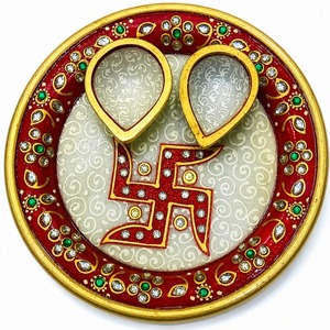 Wholesale Indian Traditional Handcrafted Marble Pooja Thali Set Decorative Studded Swastik Design Puja Plate For Pooja Favor - Product Image 1