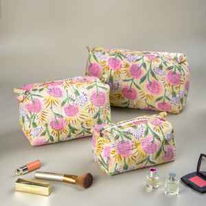 <b>Women</b> Custom Printed Travel Toiletry Zipper Makeup <b>Pouch</b> Quilted Cotton Floral Cosmetic <b>Bag</b> With Logo - Product Image 2