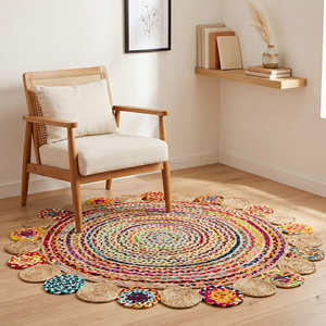 Tapis rond en jute tressé multicolore avec motif en spirale au crochet pour la décoration bohème de la maison - Product Image 4