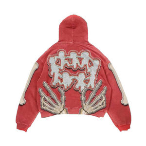 Sudadera con capucha roja vintage lavada para hombre, con gráfico de esqueleto en la manga, estilo oversize, streetwear, tipo pullover - Product Image 2
