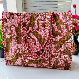 Block Print Quilted Cotton Tote Red & Blue Floral Travel Shopper Shoulder Grocery <b>Boho</b> Travel <b>Bags</b> for Women - Product Image 1
