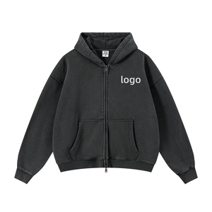 OEM Wholesale Custom Oversized <b>Cropped</b> <b>Zip</b> <b>up</b> <b>Hoodie</b> Vintage Acid Wash Heavyweight Cotton Screen Print French Terry <b>Hoodie</b> - Product Image 5