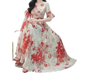 เดรสแฟชั่นฤดูร้อนของผู้หญิงมาใหม่กระโปรงนางฟ้าเข้ารูปทรงเอไลน์ตกแต่งลูกไม้แขนสั้นผ้าชีฟองเอวตก - Product Image 3