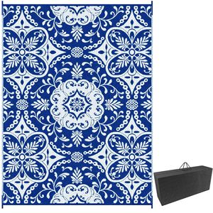 Tappeto da esterno/patio per camper 12x15 blu e bianco, floreale, a pelo lungo, intrecciato, con borsa per il trasporto - Product Image 1