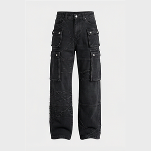 Pantalones Vaqueros Cargo de Cintura Alta para Hombre, Corte Holgado, Estilo Utilitario Desgastado, Pierna Recta de Algodón, Pantalones de Otoño - Product Image 1