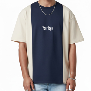 Camiseta Oversize para Hombre con Bloques de Color, Manga Corta, Cuello Redondo, Ribete en Contraste, Algodón Jersey, Casual, con Logotipo Frontal Estampado - Product Image 6