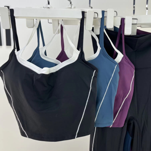 Conjunto de Yoga sin Costuras de 2 Piezas, Top Corto de Cintura Alta y Pantalones Largos, Color Sólido con Tirantes en Contraste, Ropa Deportiva para Mujer - Product Image 3
